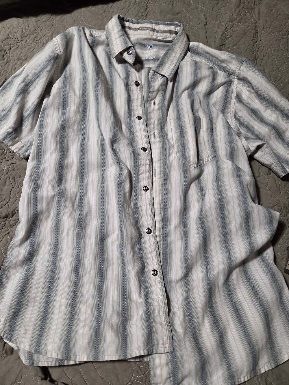 Kuhl Men's Short-Sleeve Button-Down Shirt in Light Blue and White Stripes